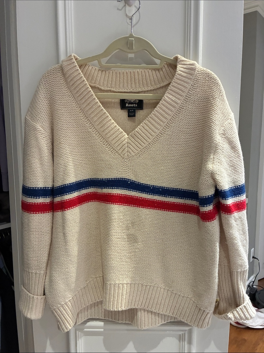 100% Wool Roots Cream V-Neck Sweater with Red & Blue Stripes